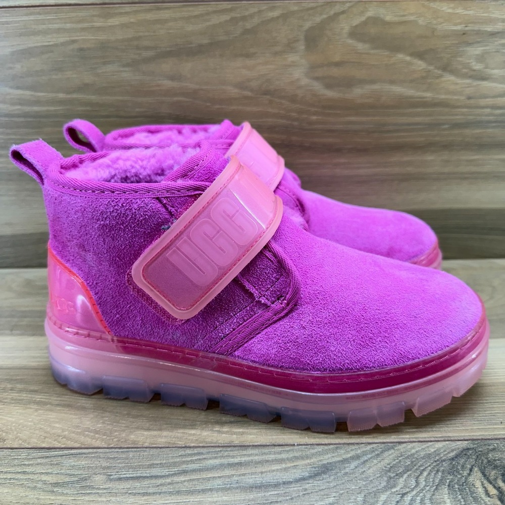 UGG Neumel Clear Boots Womens 5 Pink Suede Chunky Lug Sherpa Lined Cozy Chic